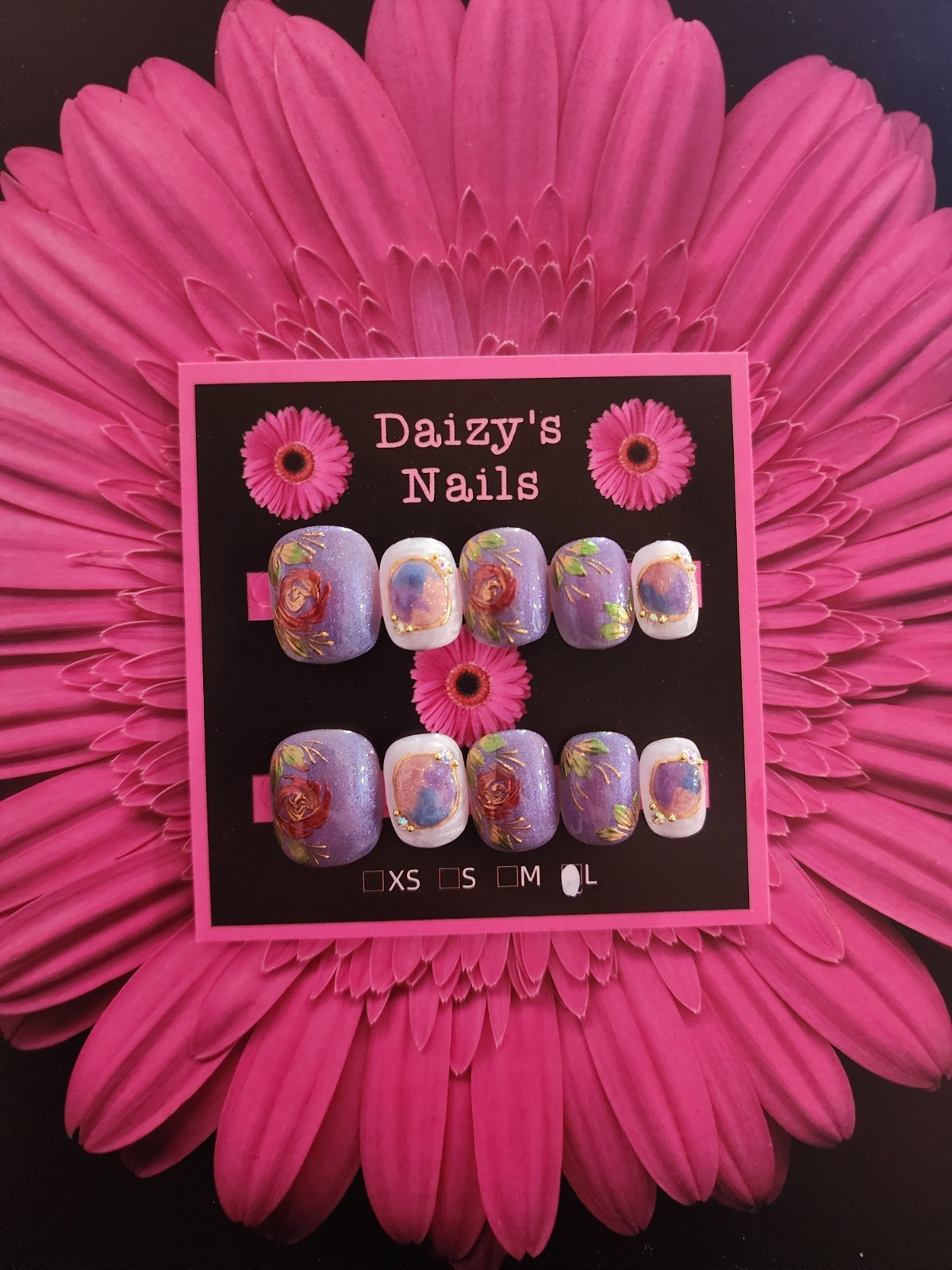 Large Size Purple Rose Press-on Nail Set Handmade Square Round 1.5 Cm Length