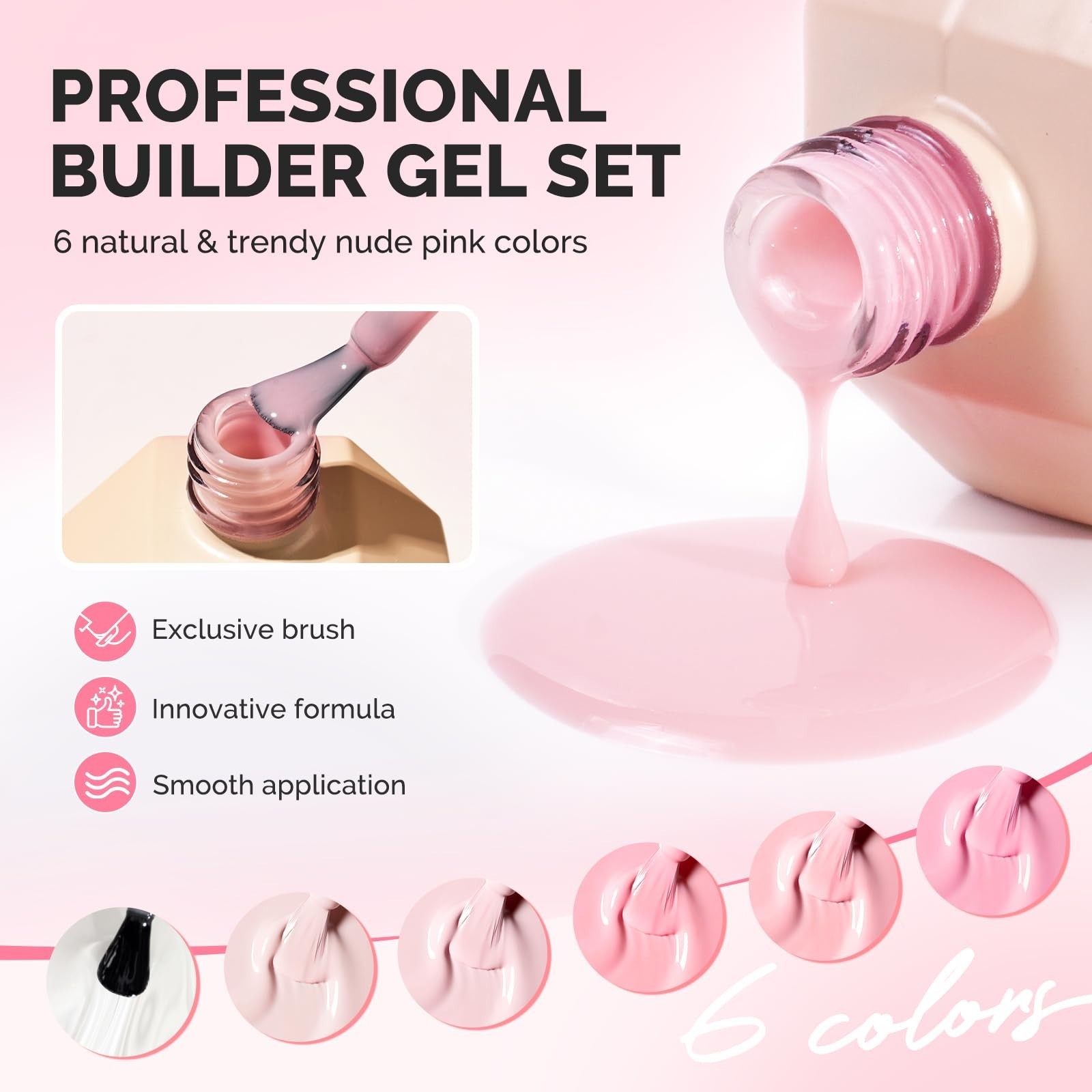 6PCS Builder Gel Nail Set – Thick Pink Base, Clear Rubber Gel, Soak Off UV, Rhin