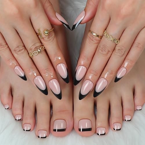 48Pcs Medium Almond Press on Nails and Toes Matching Set Black French Tip Fake