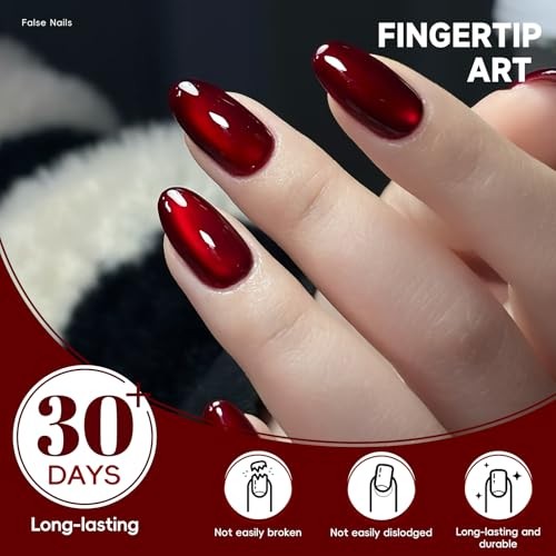 HOSAILY Red Cat Eye Valentines Press on Nails Short Oval, Deep Red Black Cherry