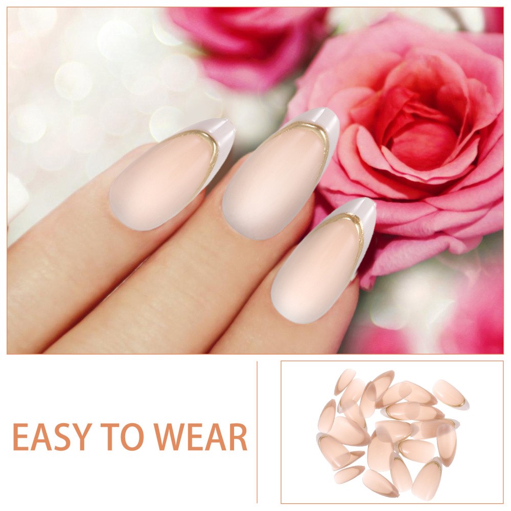 1Set Clear Press on Nails Almond Shape Full Cover French Tip False Nails Pink