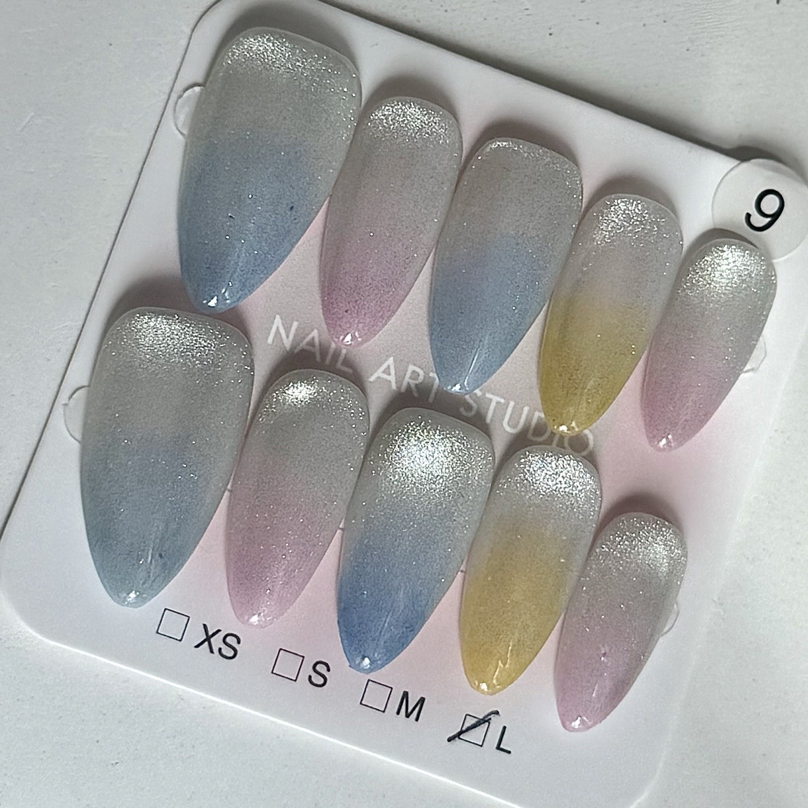 Handmade Rainbow Cat Eyes Press-On Nails Medium Almond Size L Reusable Fake Nail