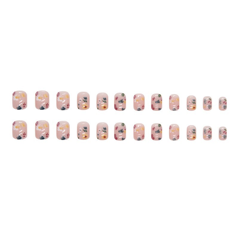 24pcs Bloom Pink Flowers Ins Lovely Girls Press on Nails, Short Square Shape