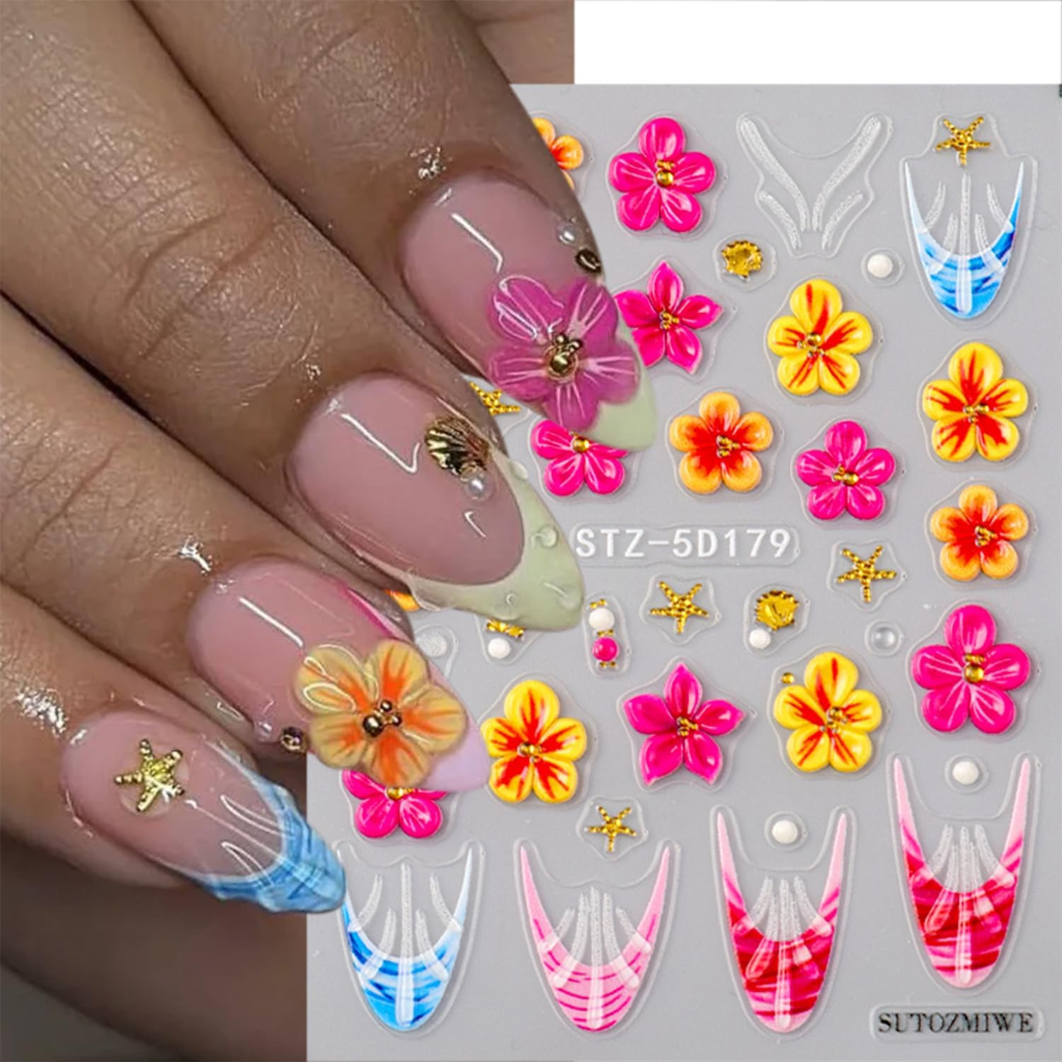 2 Sheets Spring Flower Nail Stickers for Nail Art 5D Self-Adhesive Embossed Fren