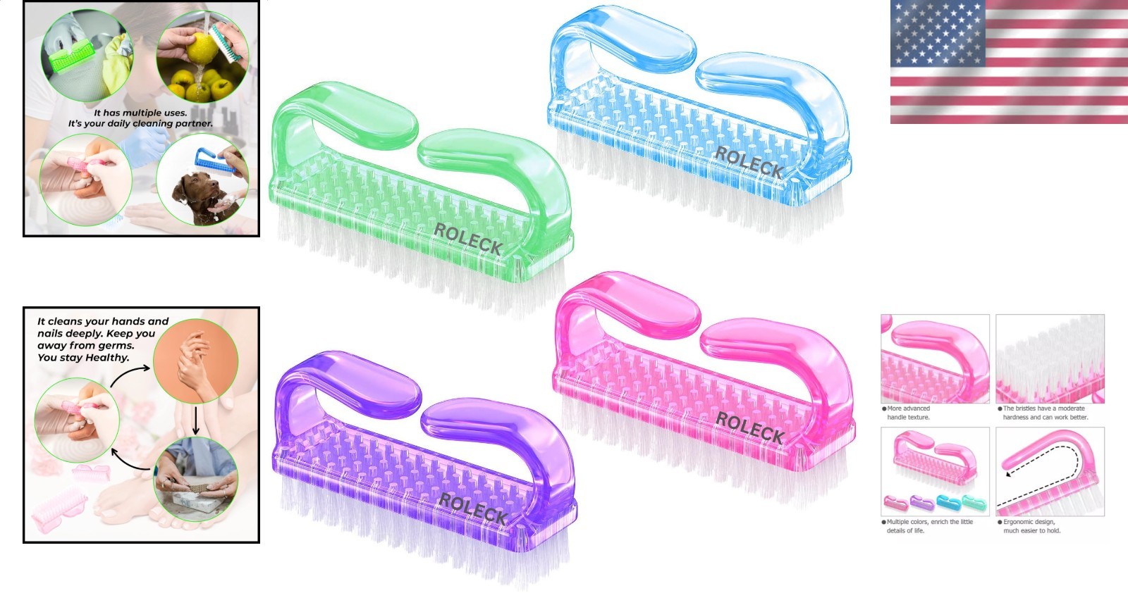 Nail Brush Set 4 Pcs Plastic Handle Fingernail Scrubber for Hands Feet Toes Pets