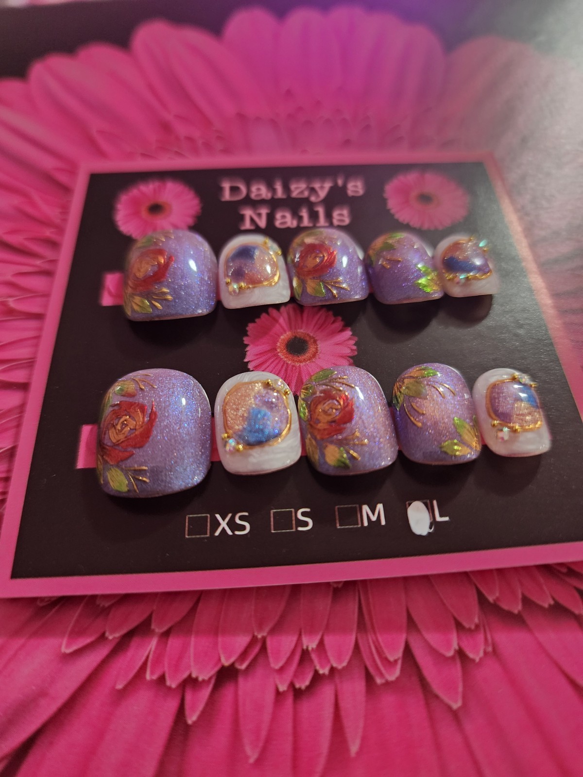 Large Size Purple Rose Press-on Nail Set Handmade Square Round 1.5 Cm Length