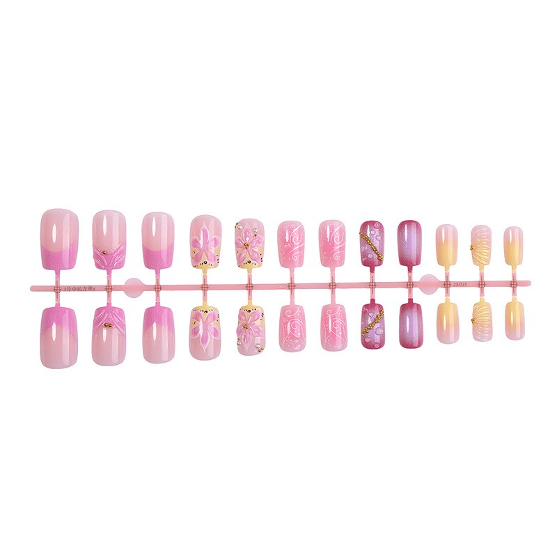 48pcs Long Square Press on Nails, Purple Pink 3D Flower Gold Charm Wedding Nails