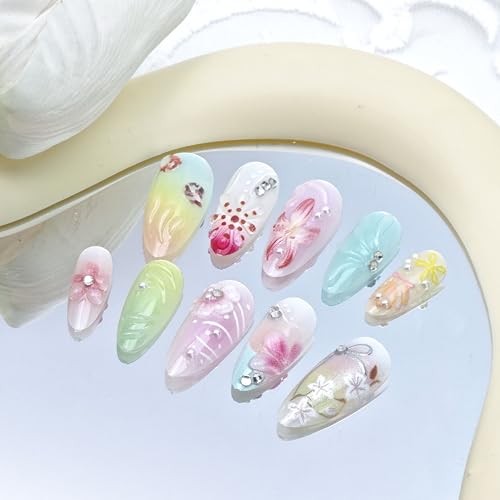 24 Pcs Flower Press on Nails Medium Almond French Tip Fake Nails Spring Nails-1