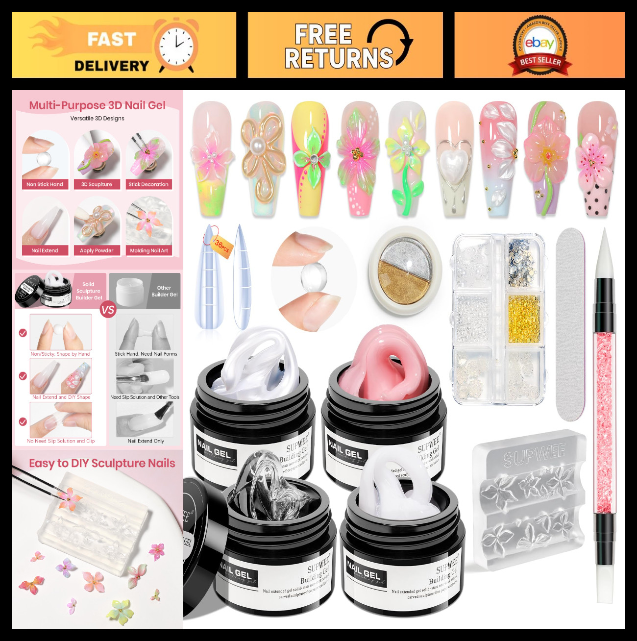 3D Nail Art Sculpting Gel Set – 4 Colors, Non-Stick Builder Gels for Home & Salo