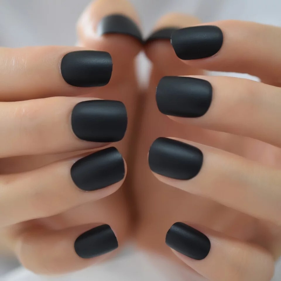 24 Short Black Matte Press on nails kit glue goth alt emo edgy punk