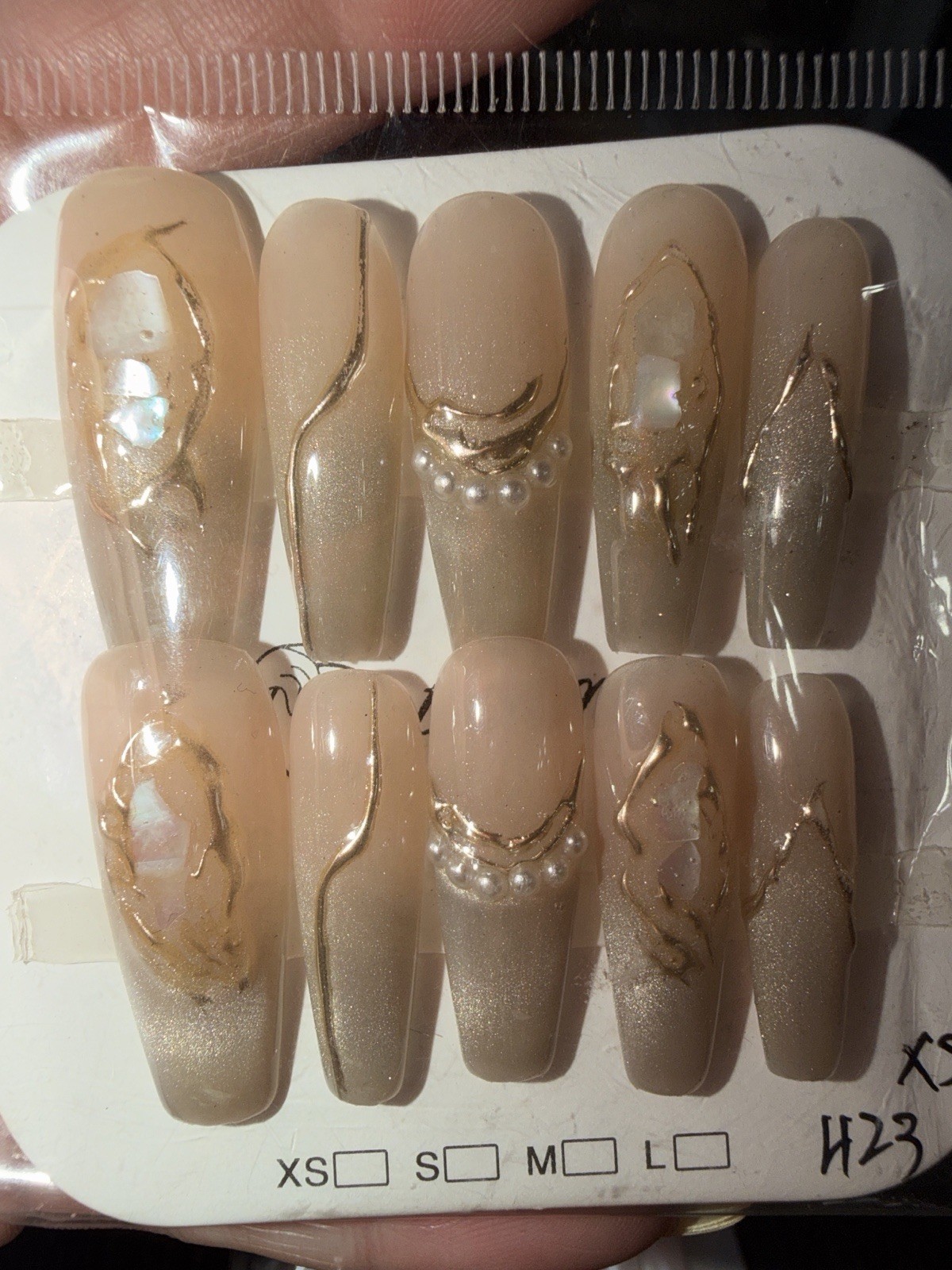 3 Sets X-SMALL Long Coffin 3D Full Cover Press-On Nails Floral Pink/Nude