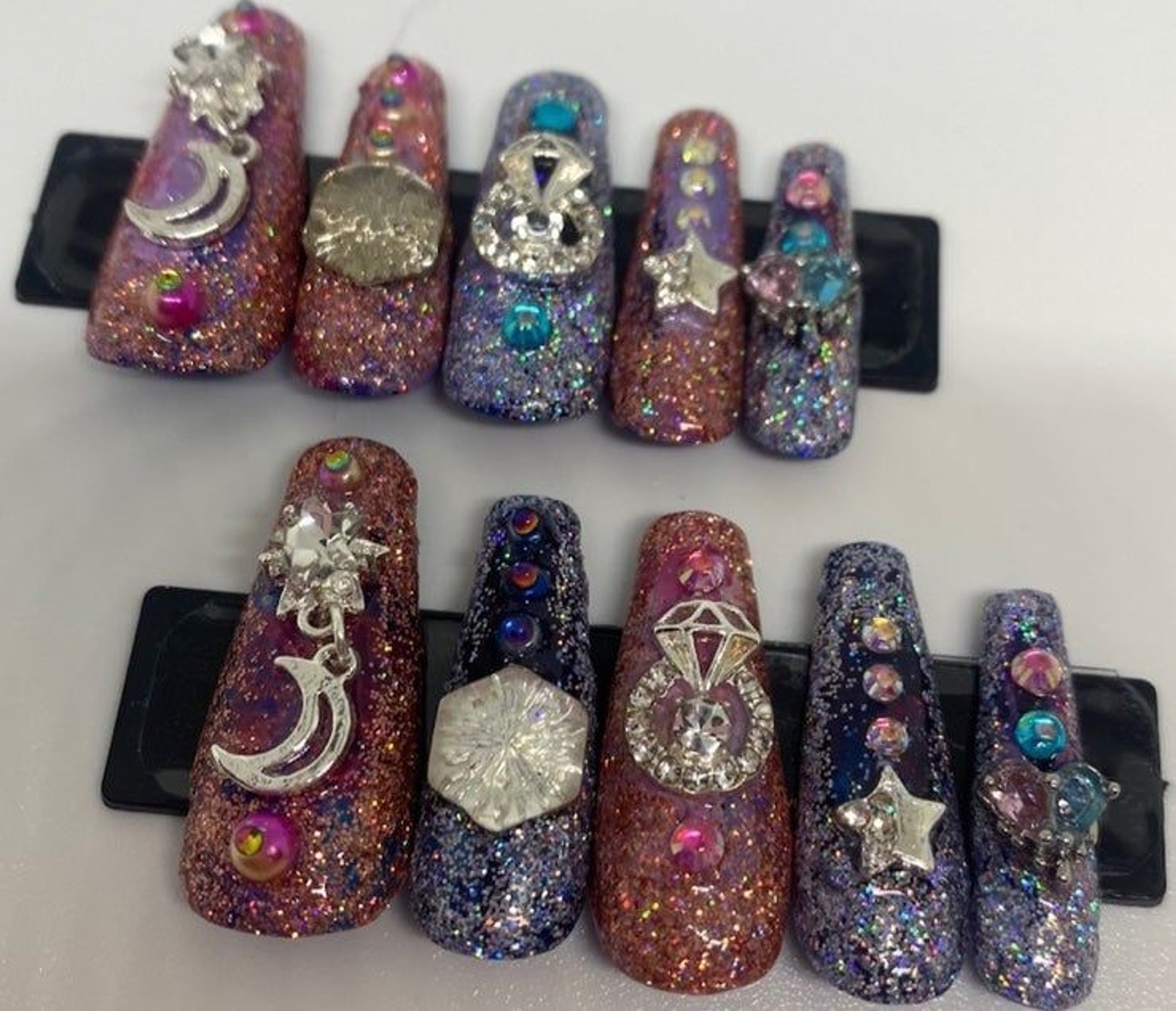 Pink and Blue Glitter Glam Handmade Press On Nail Set