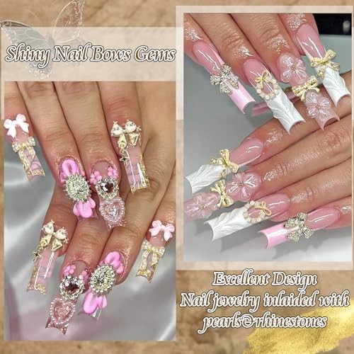 58PCS Bow Nail Charms Gold Charm for Nails Crystal Heart Bowknot Nail Art