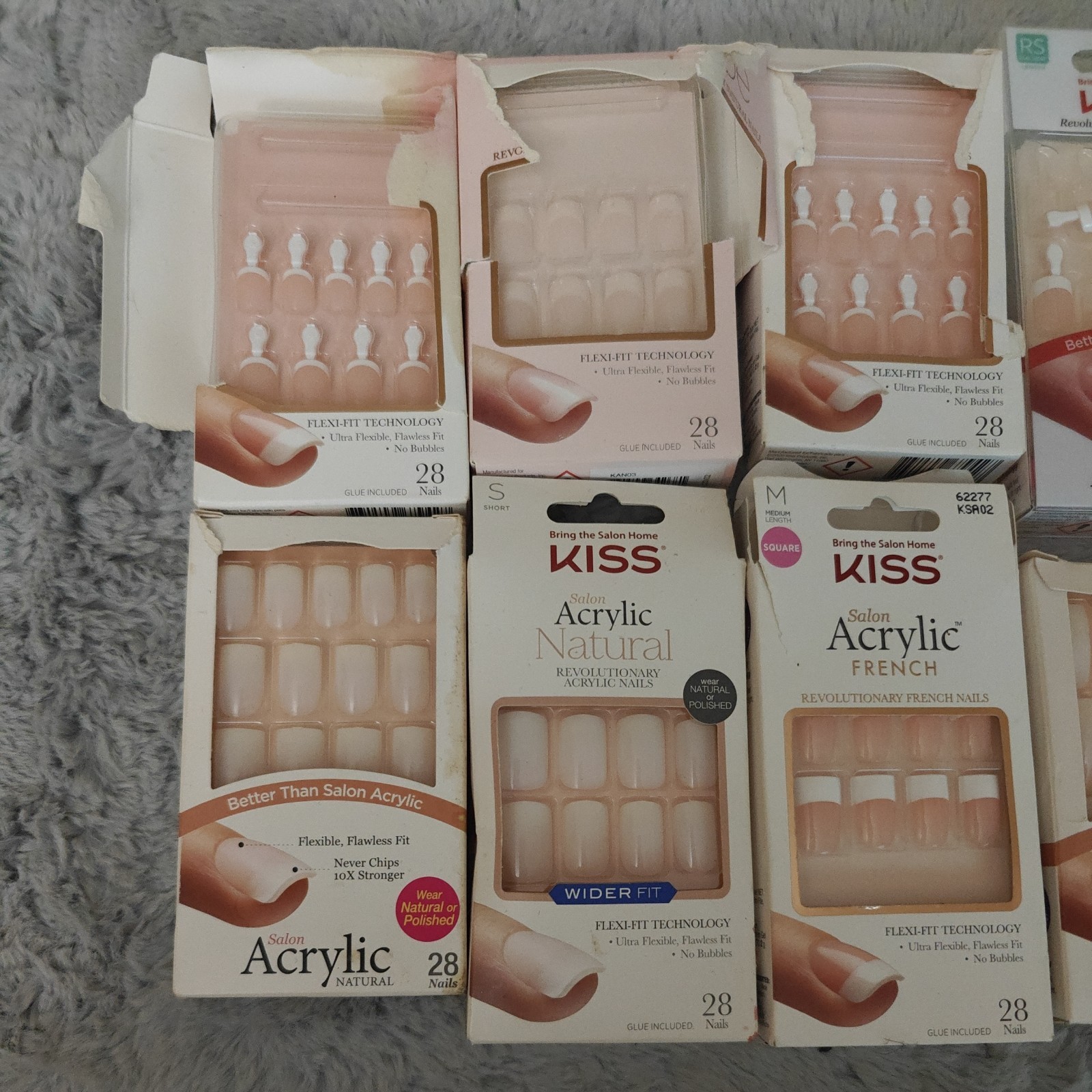 Lot of 9 KISS Salon Acrylic French & Natural Nails Square Medium NEW Box Damage