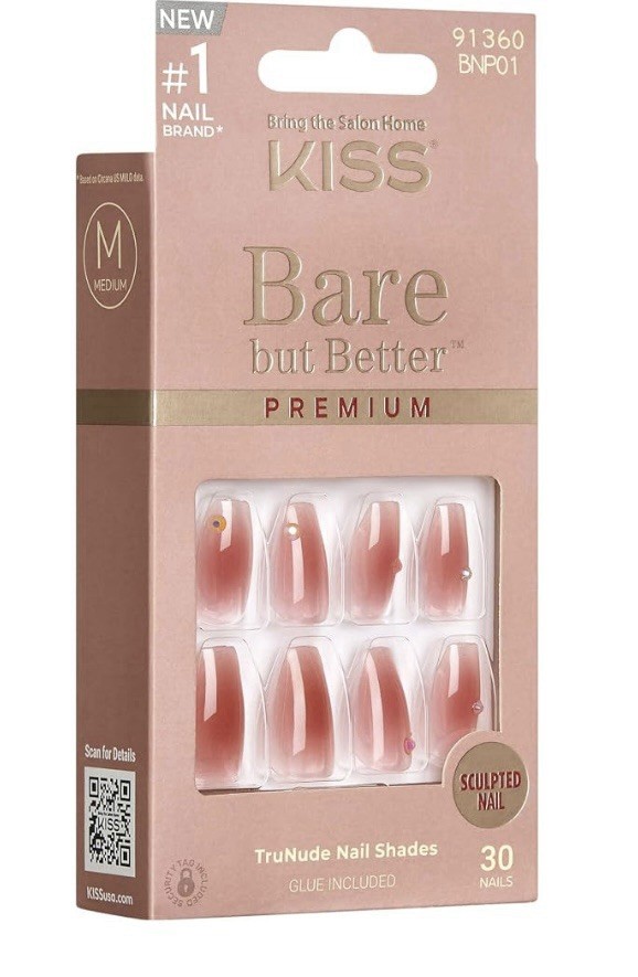 Kiss Bare But Better Premium 30 Medium Nails Pink Gradient Color Glue Included