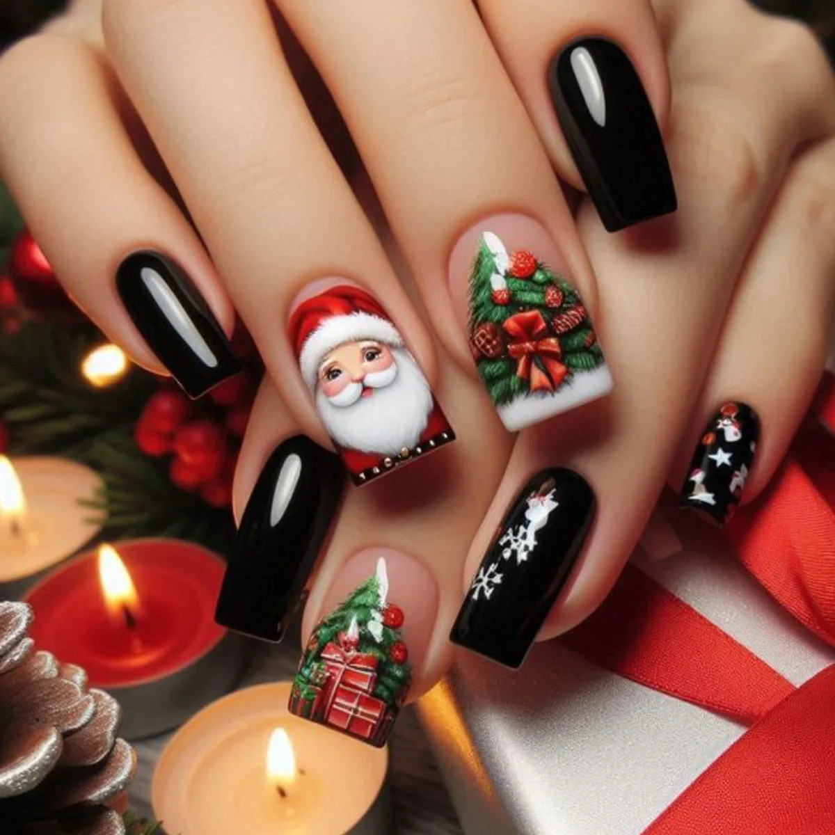24pcs Green Christmas Santa Snowman Print Press On Nails