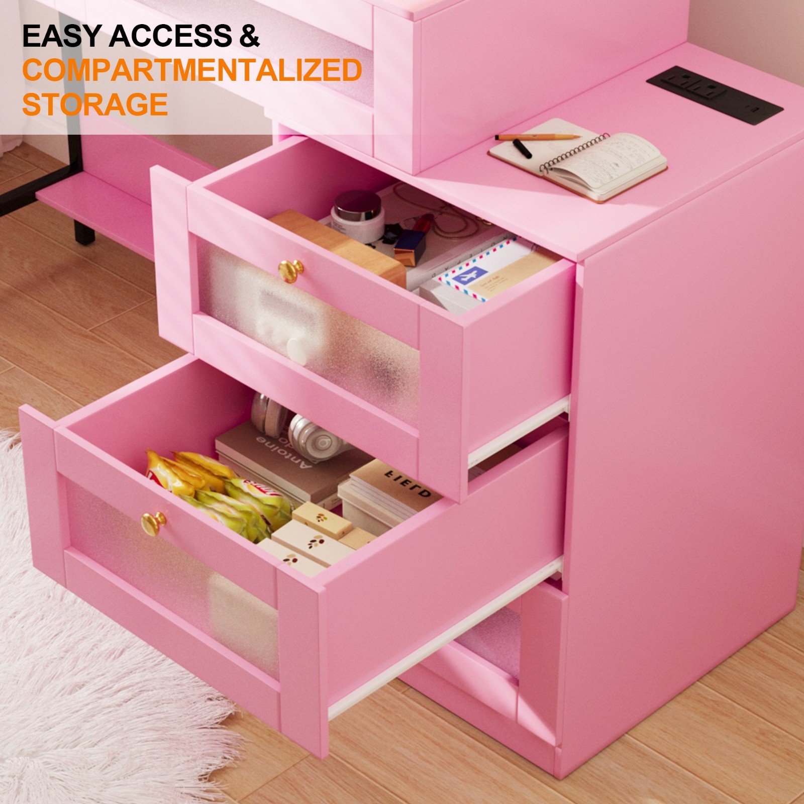 Pink Manicure Table Nail Desk Nail Table Beauty Salon Station w/Storage Drawers
