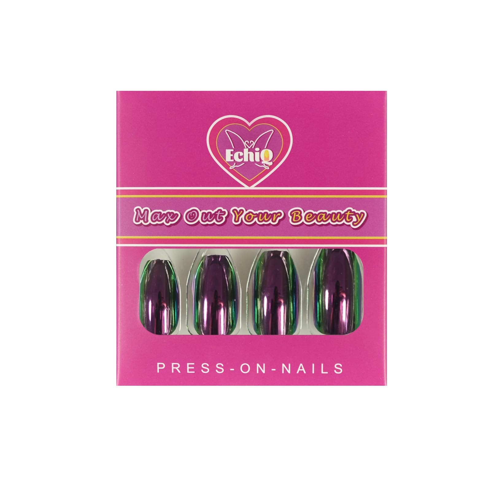 Short Midi Coffin Nails Chrome Mirror 24 Count (Pack of 1), Metal Rainbow