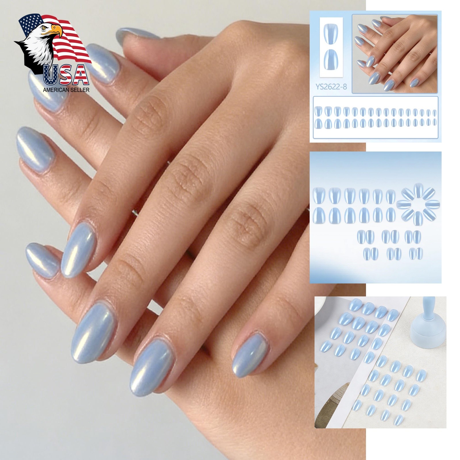 KASOICRA Blue Almond Press On Nails Short