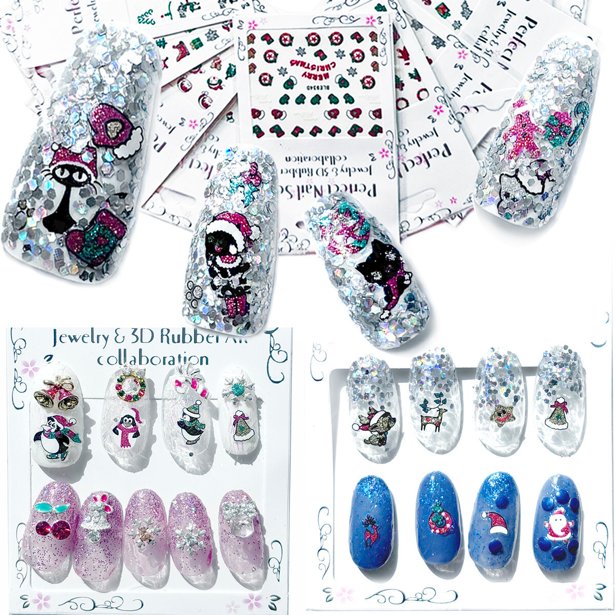 [DDP] 5Pcs Sparkly Colorful Stickers 3D Christmas Nail Snowflake Cartoon Slider