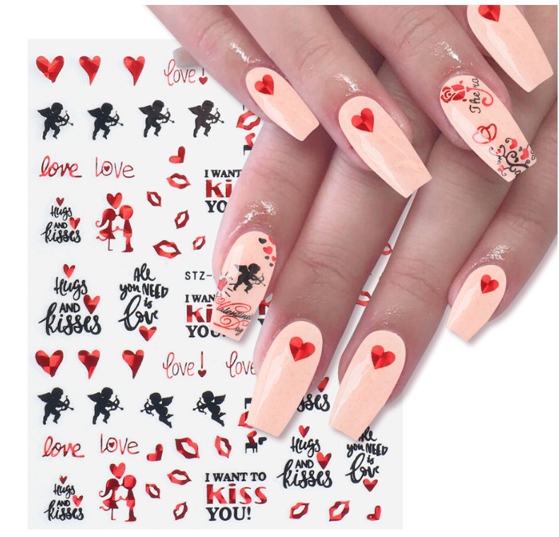 3D Nail Art Stickers Red Black Rose Flower Lace Heart Kiss Valentine Bride NH23