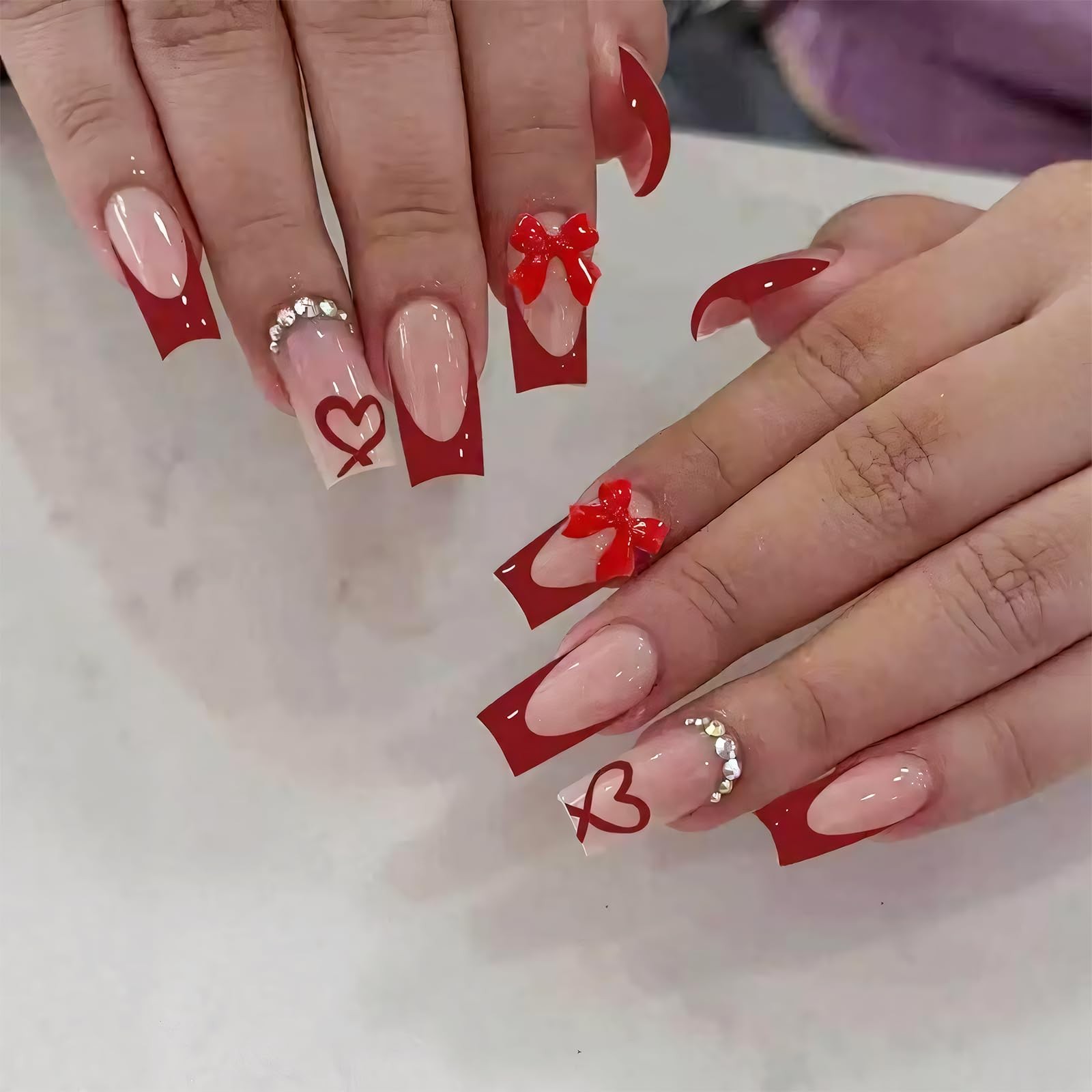 24PCS French Tip Acrylic Press on Nails for Girls, Square 3D Pink Bow Fake St…