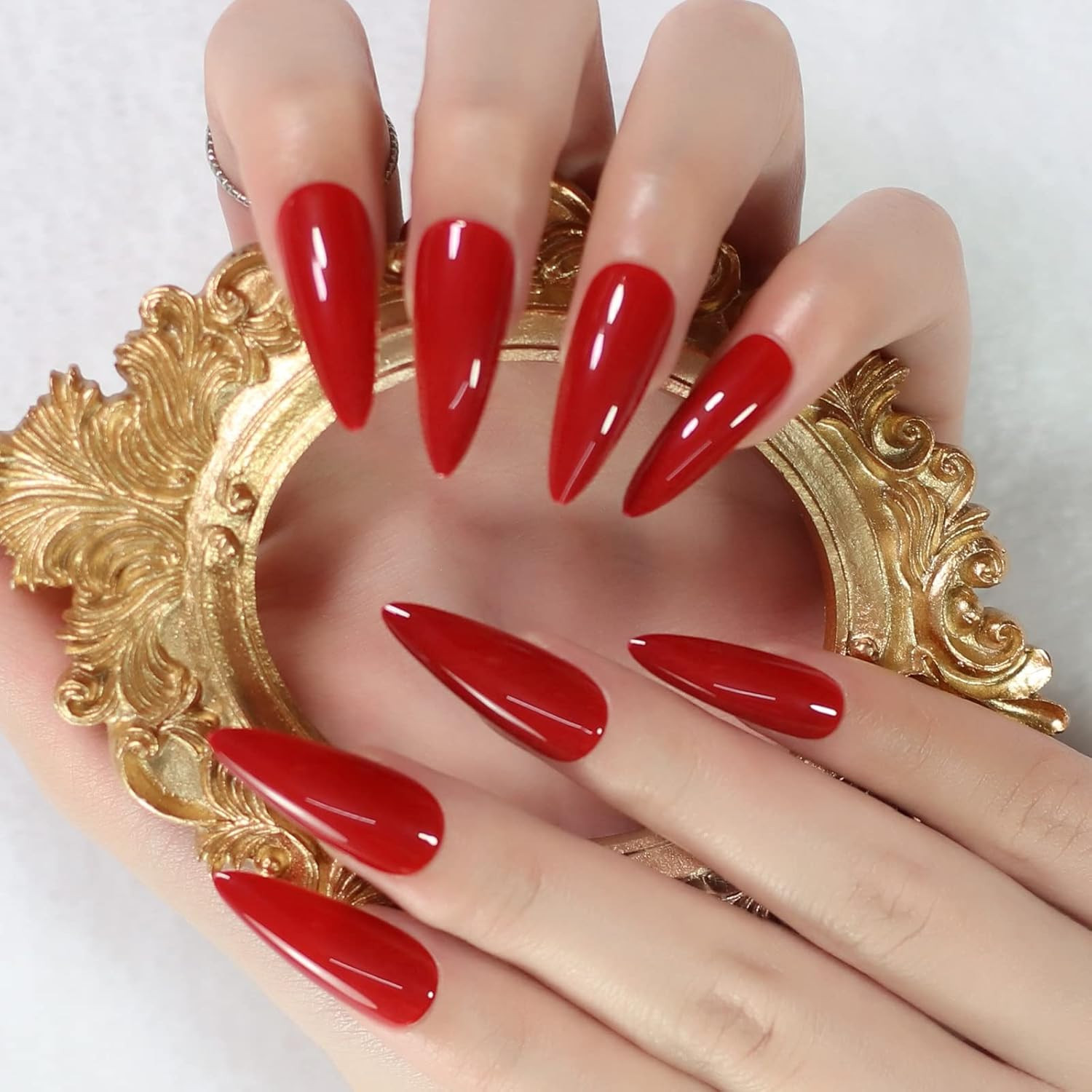 Glossy Red Press on False Nails Medium Long Stiletto Fake Nails Salon Nail Art T