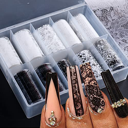 Lace Nail Art Foil Transfer Stickers Black White Flower Foil Transfers Decals