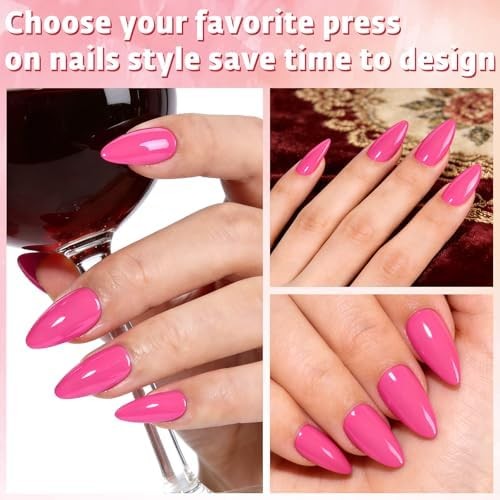 160Pcs Press on Nails Short Almond – Hot Pink Nails Press ons with 5 Pieces Jell