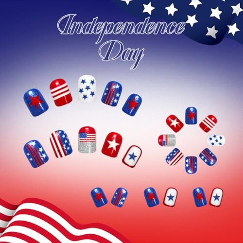 4th of July Press on Nails – Short Square Red White Blue Star & Stripe Style-11