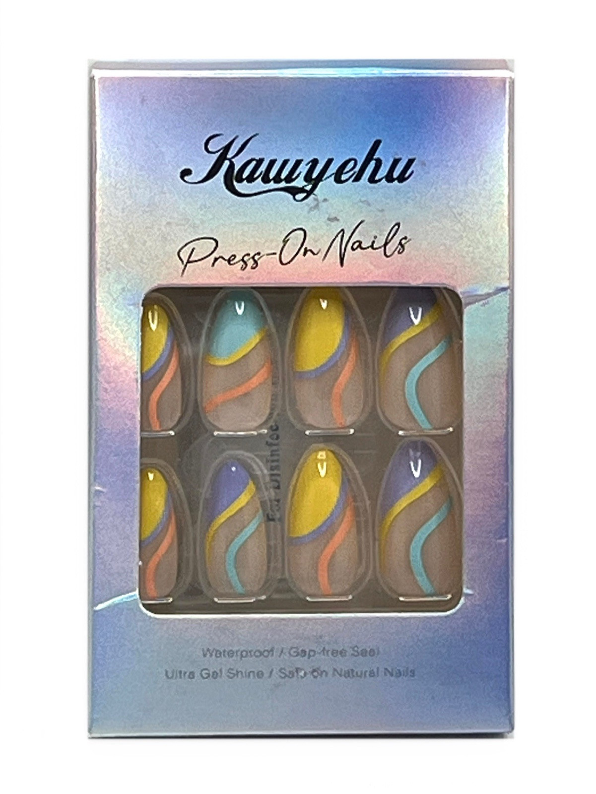 Press On Nails Medium Almond Shape Designer Nails Blue/Yellow/Purple Retro Swirl