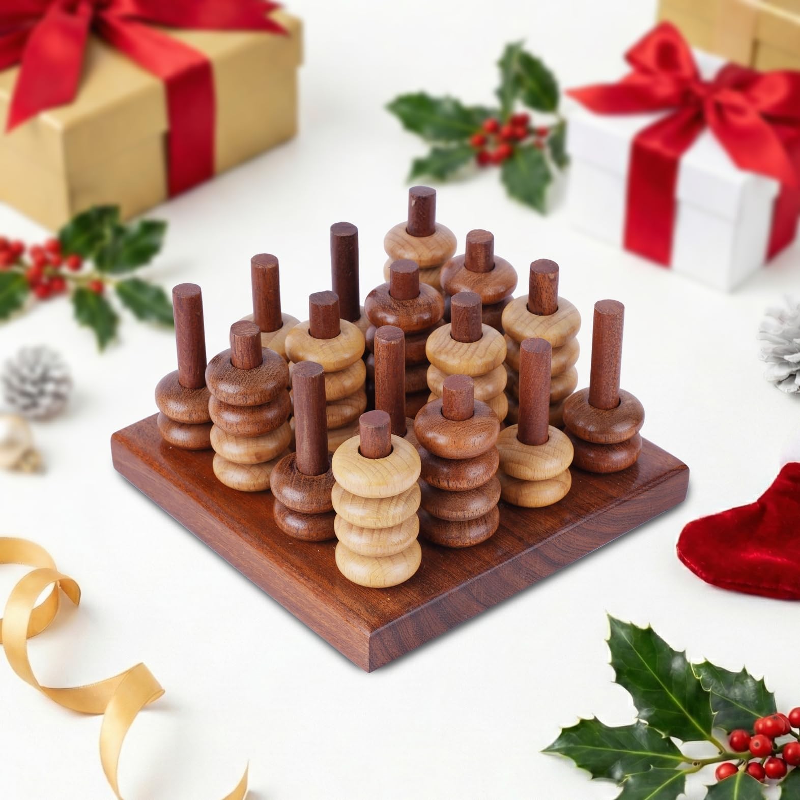 Ajuny 3D Connect Four in a Row Wooden Strategy Game 6 x 6 x 3.5 inch, Brown