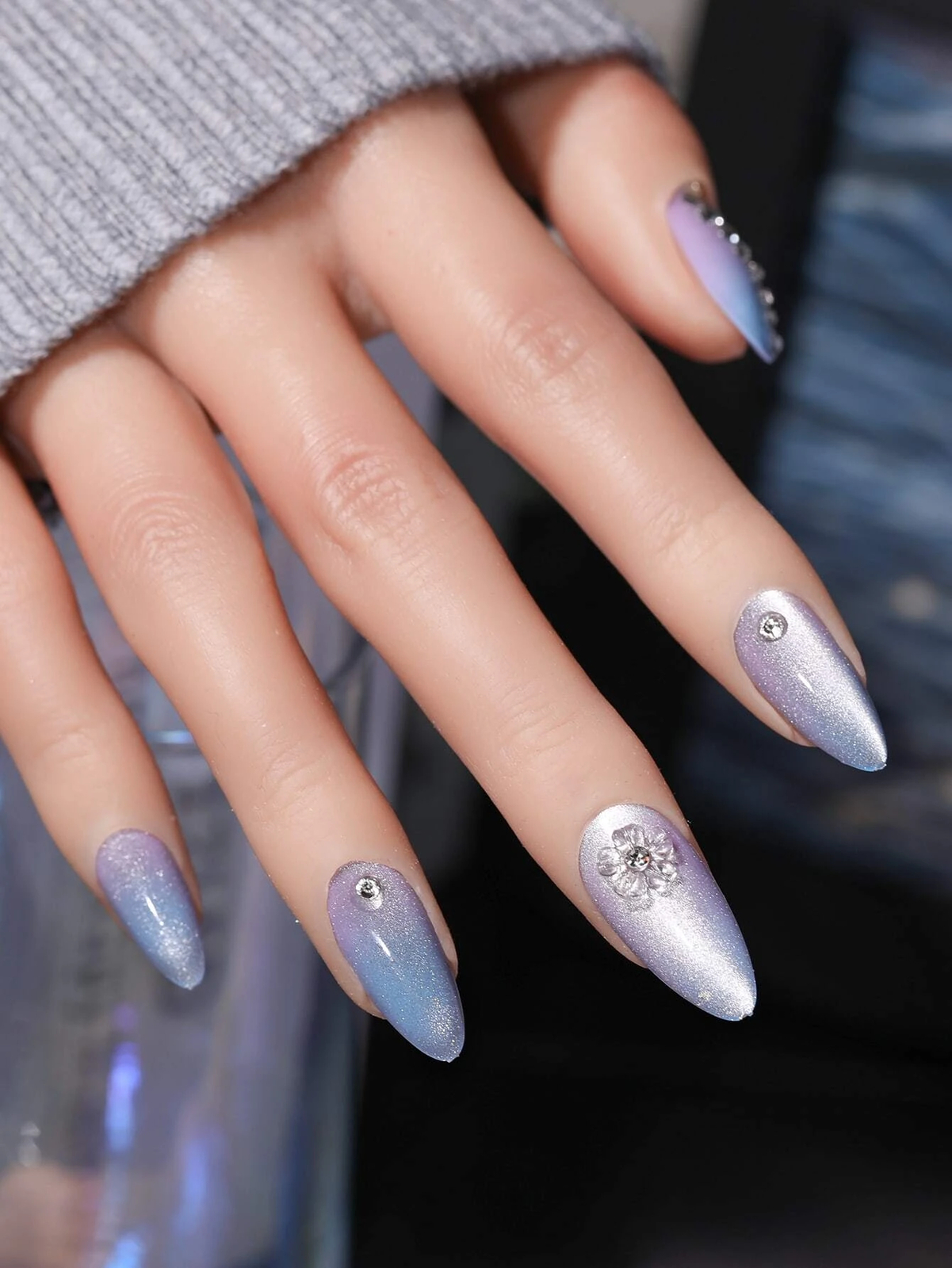 Pretty Secrets Iridescent Pink Blue Ombre with gems Glue on Nail Long Almond