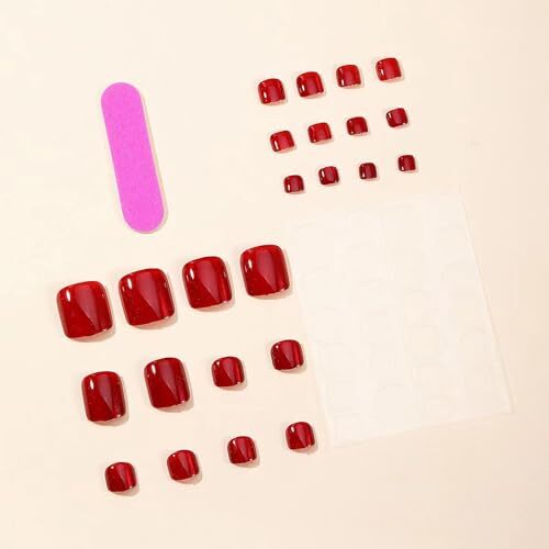 24 Pcs Red Press on Toenails Square Short Fake Toe Nails Full Cover Style 6