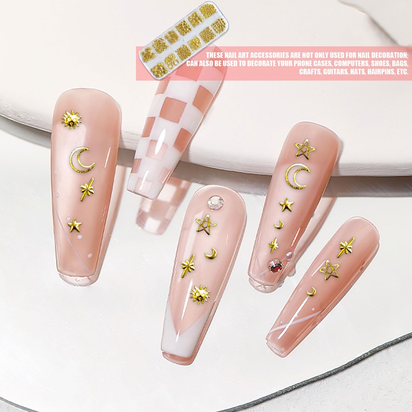 Gold Silver 3D Nail Charms 2 Boxes 24 Grids Bow Flower Star Gems Studs Punk