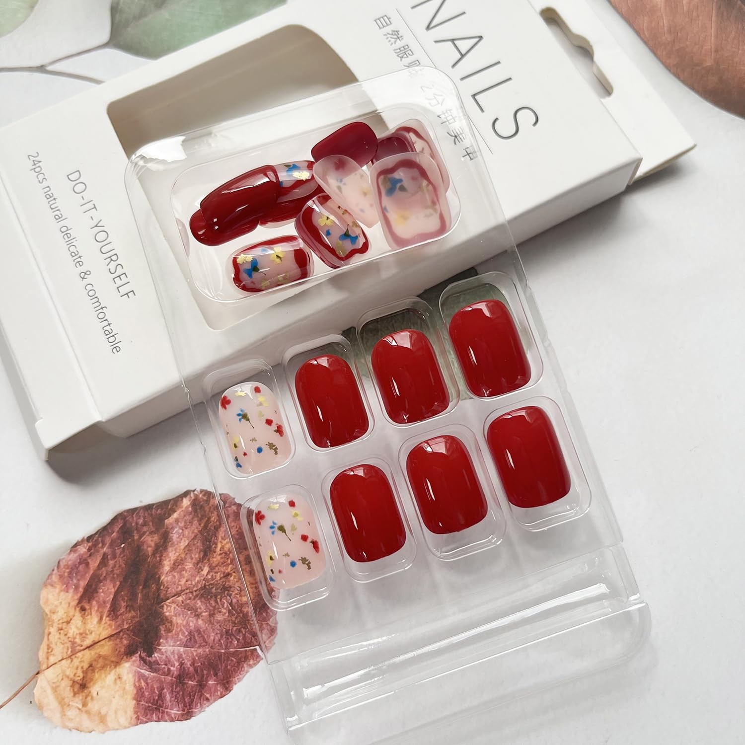 LYLYNB 24pcs Wine Red Floral Square False Nails Glossy Full Cover Set