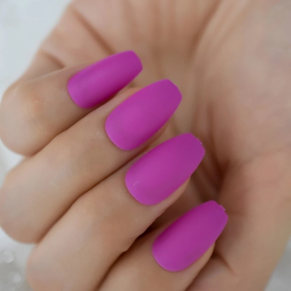 24 Matte Fuschia Press On Nails w/ Glue glitter bright purple medium coffin