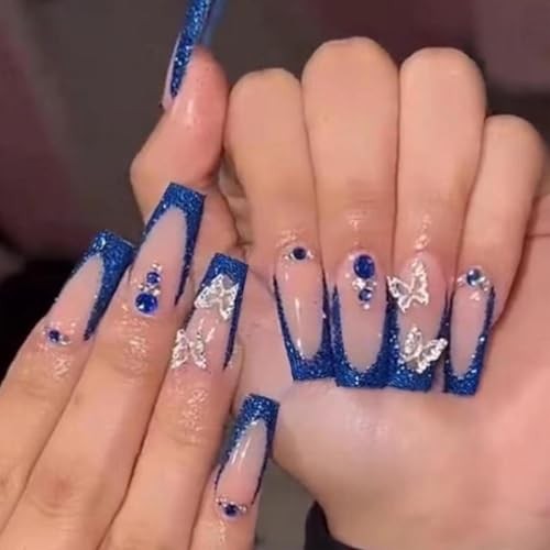 Long Press on Nails Square French Fake 24 Count (Pack of 1) Blue Butterfly