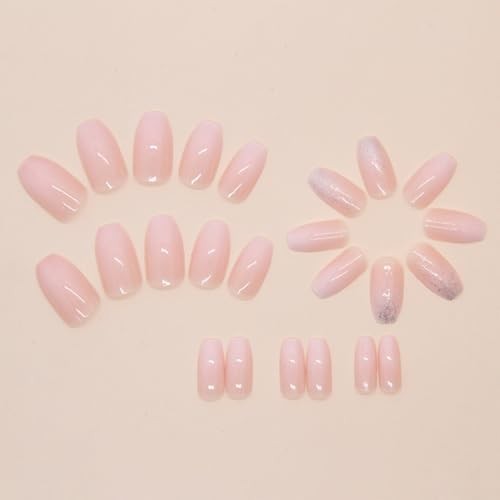 Light Pink Press on Nails Coffin Fake Nails White Pink Gradient Short Style-2