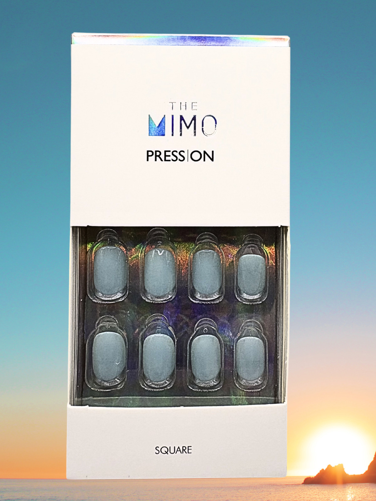 MIMO Press-On Nails Square – Gray-Blue with Silver French Tip, 24pcs Reusable