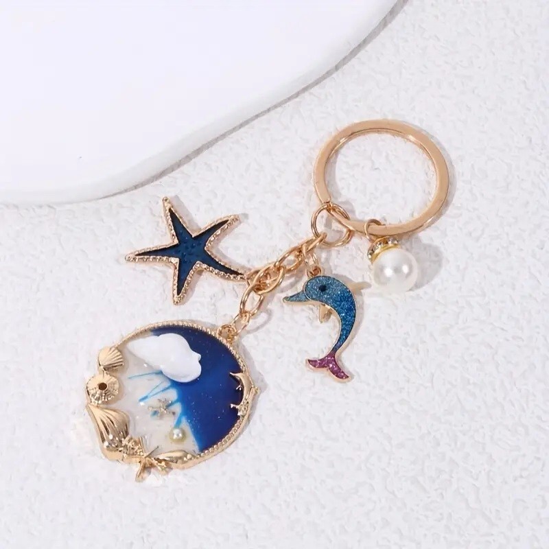 New Glitter Dolphin Starfish Conch Pearl Charm Keychain Key Ring Bag Backpack