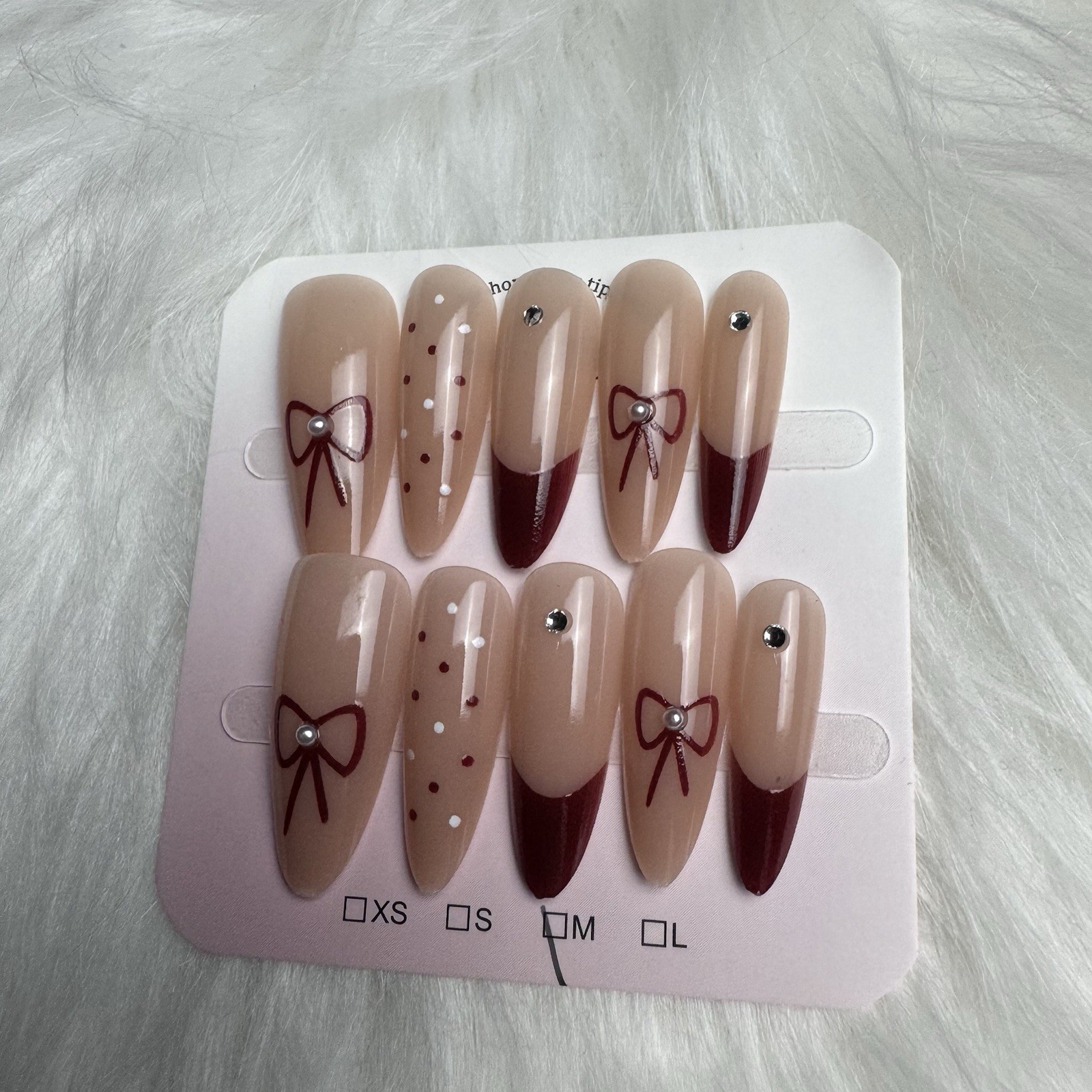 Press-On Nails Burgundy Bow & Polka Dot Coquette Medium Almond Shape Handmade