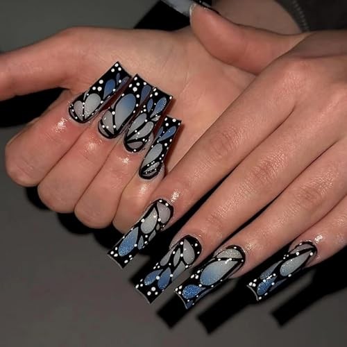 Long Square Press on Nails Blue Ombre French Tip Fake Nails 211-08 BlueBlack