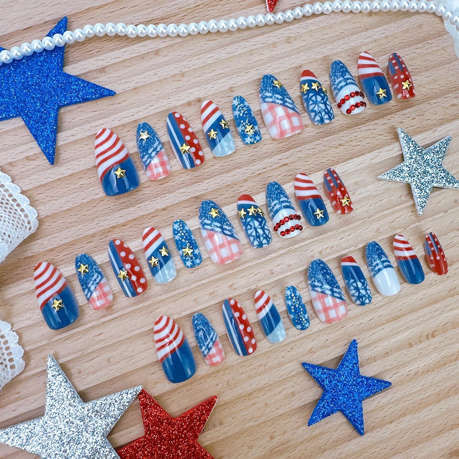 30Pcs 4th of July Press on Nails Medium Almond Fake Nails with Gold Star Red …