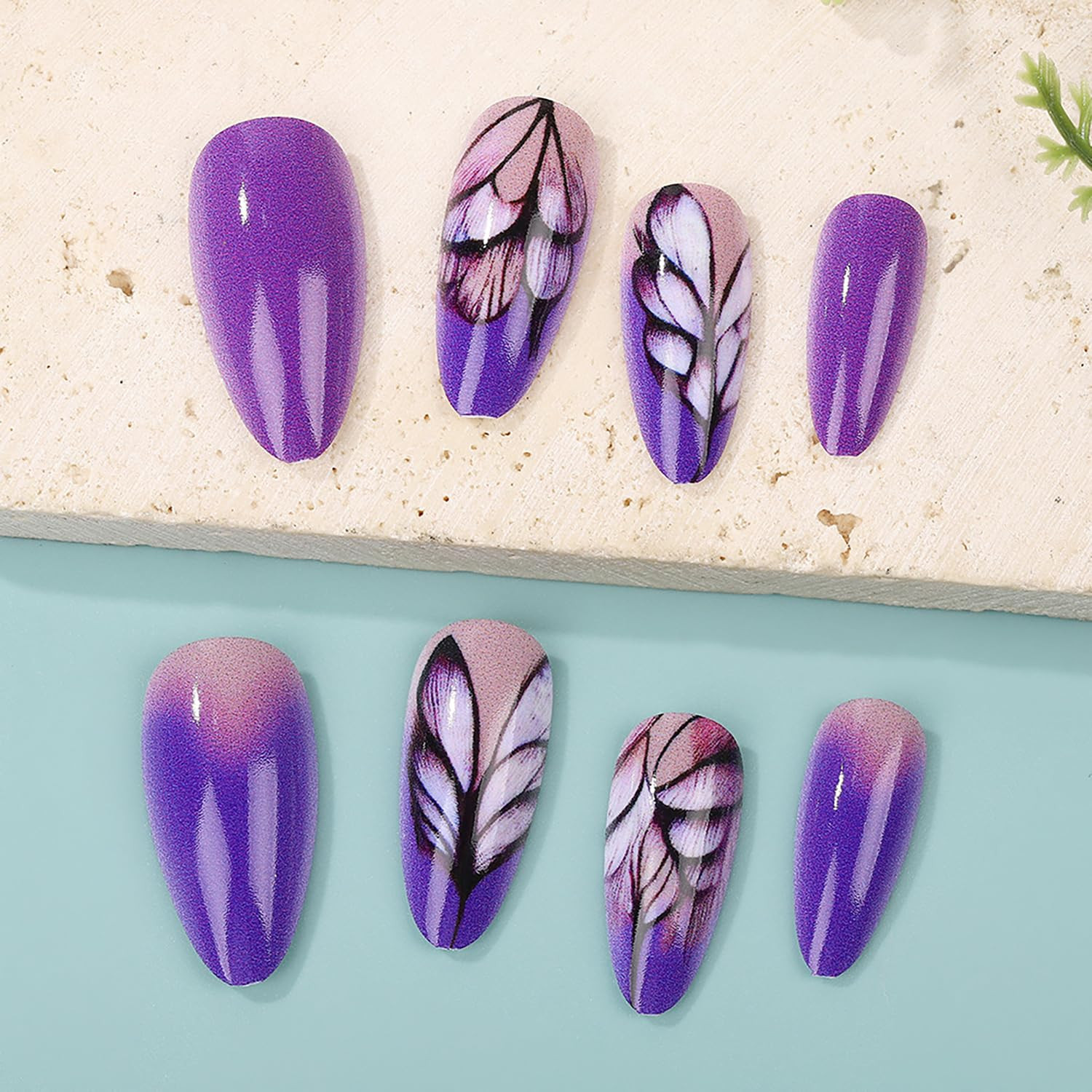 Dark Purple Gradient Press on Nails Medium Almond Shaped Purple Feather Pattern