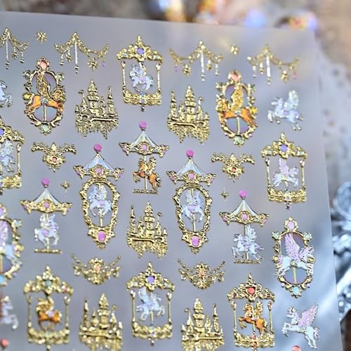 Gold Nail Stickers Horse Nail Decals Carousel with Design 5D Gold Horse