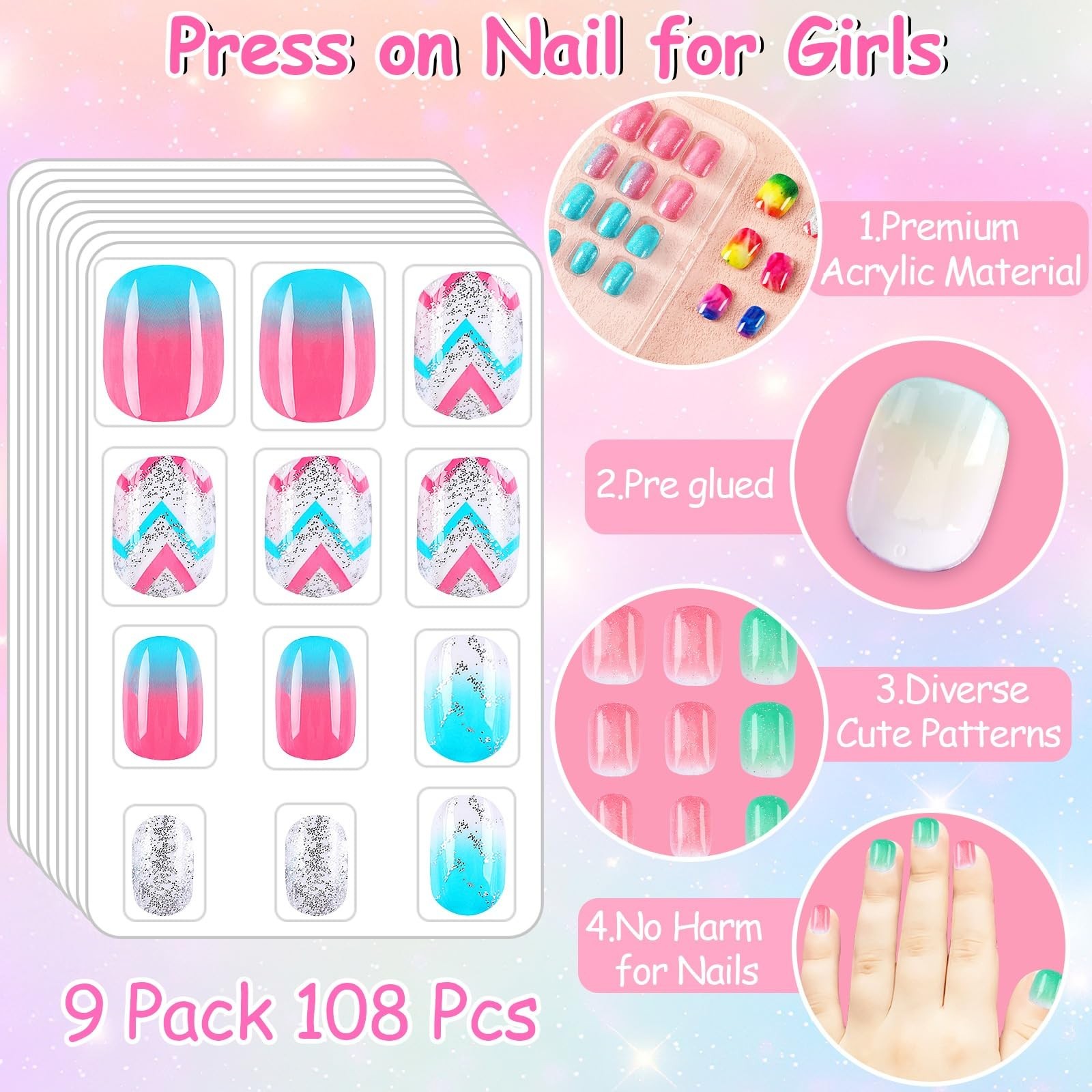 Press On Nails for Kids Children Fake Nails Artificial False Tips Accessories