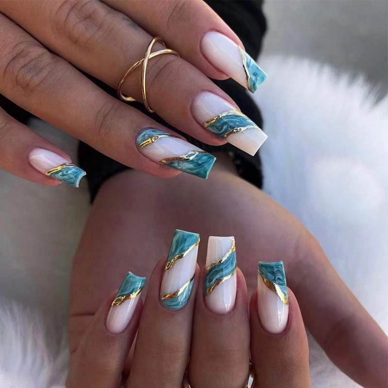 48Pcs-Long Coffin Milky White Base Teal Marble Gold Foil Line Press on Nails