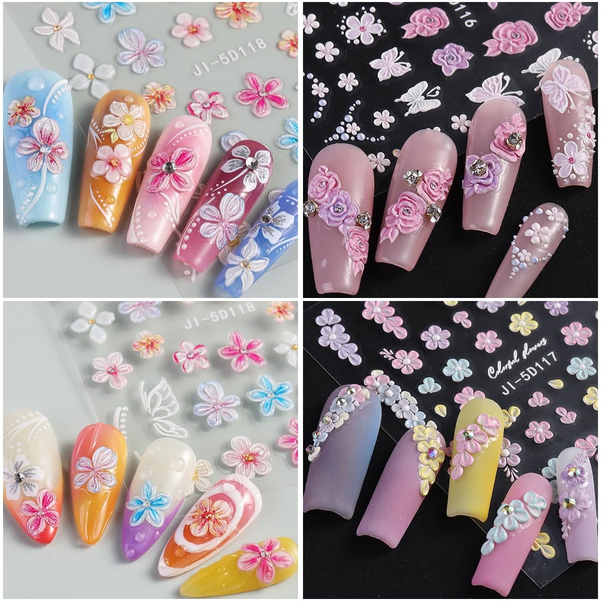 Pegatinas de flores para uñas, 4 hojas 5D con relieve floral flores acrílicas 3D