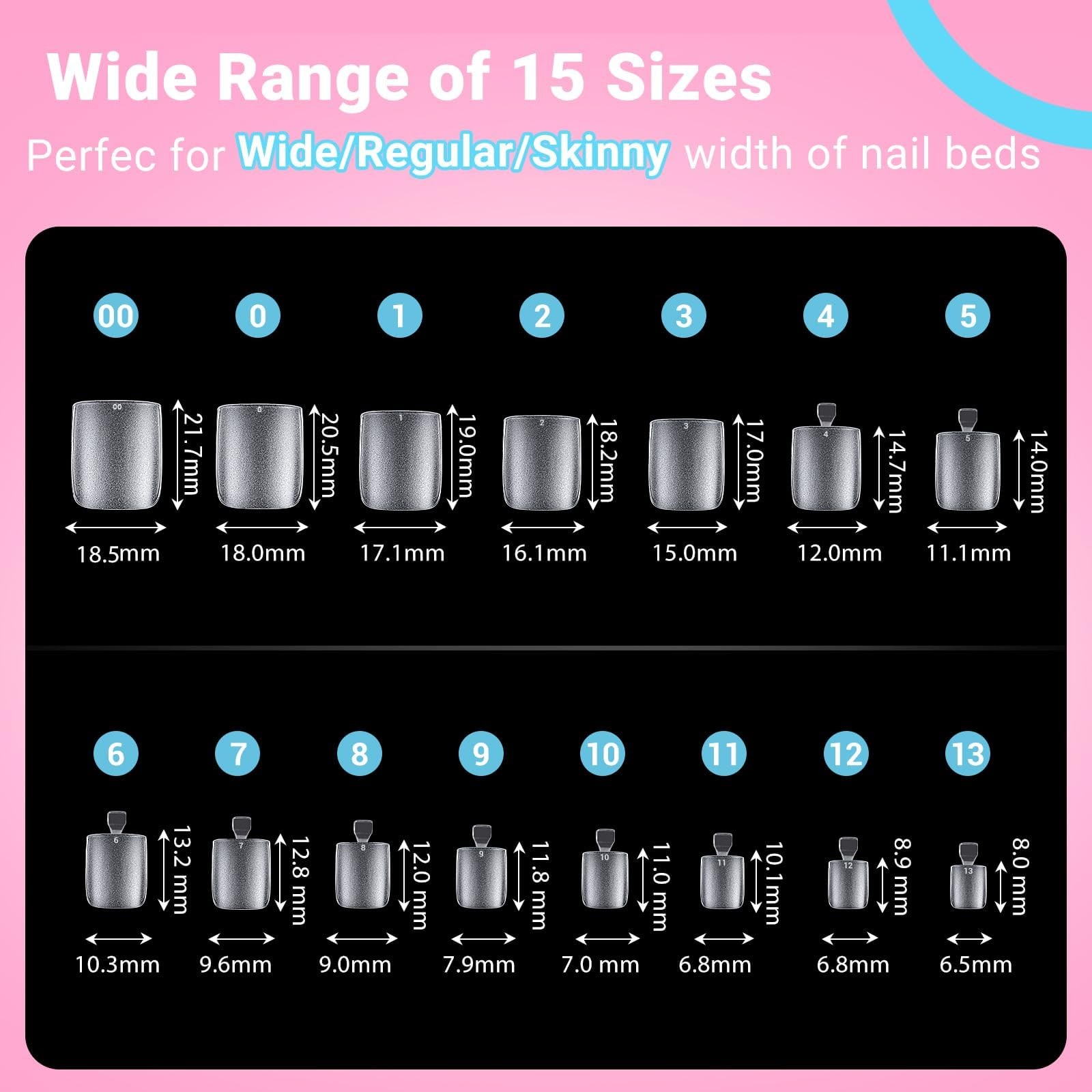 300Pcs Square Toe Nail Tips with Glue,SINOKAME 15 Sizes Wider Long Fake Toenails